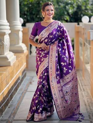 Violet woven design zari kanjeevaram saree 1