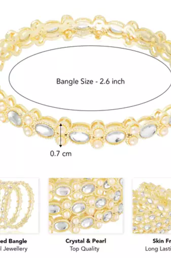 Gold plated kundan & beads studded ethnic bangles fancy jewellery for women (size - 2.6 inch)