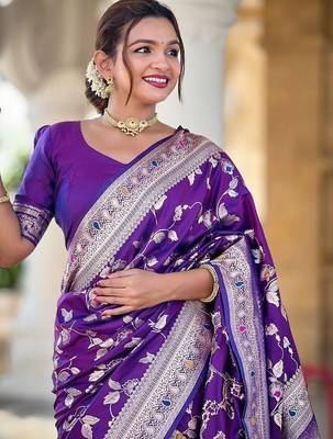 Violet woven design zari kanjeevaram saree 4