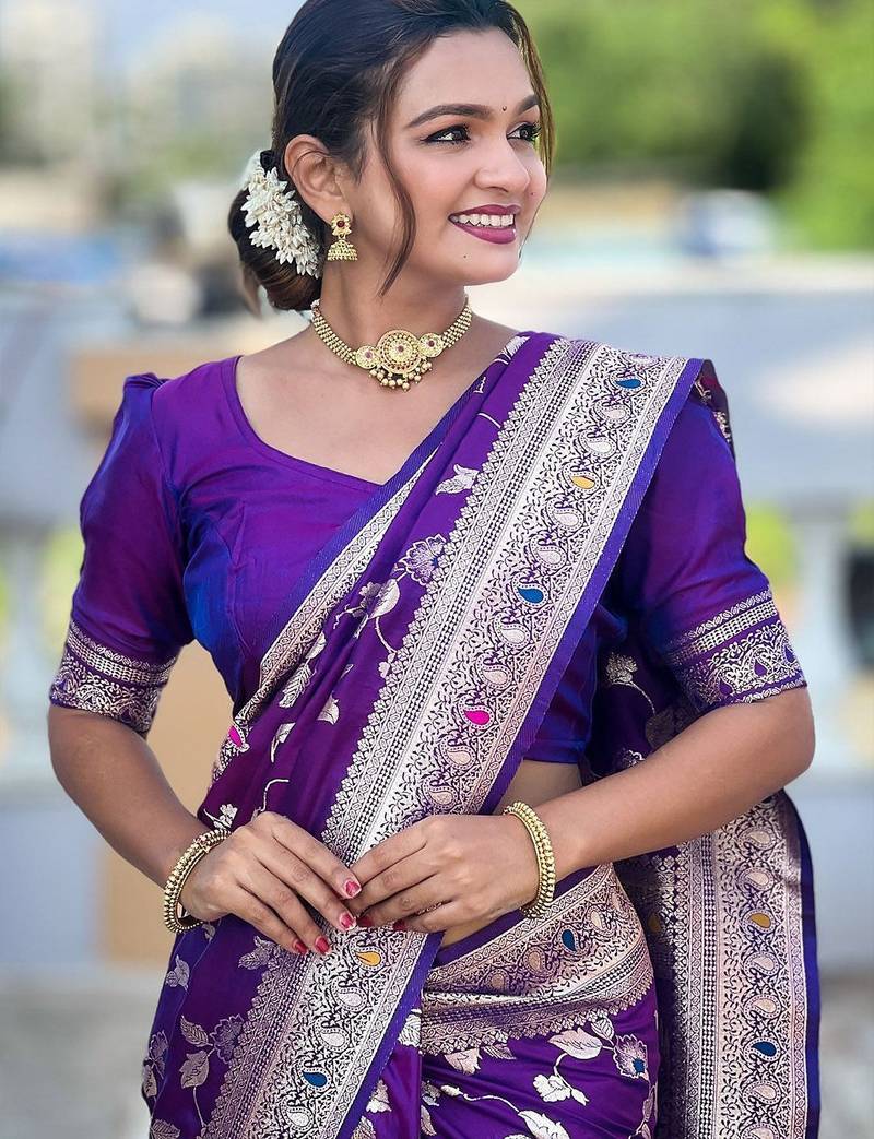 Violet woven design zari kanjeevaram saree