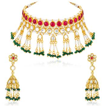 Faux ruby kundan & beads studded necklace earrings set jewelry for 1