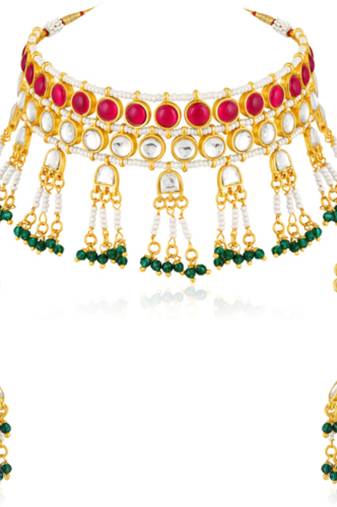 Faux ruby kundan & beads studded necklace earrings set jewelry for
