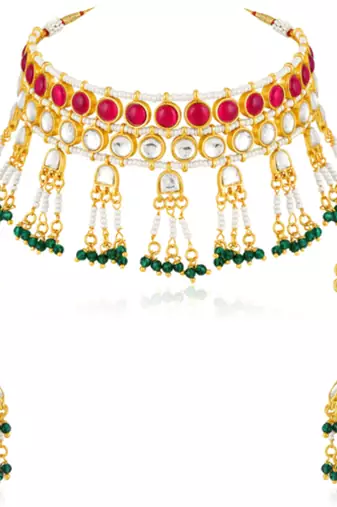 Faux ruby kundan & beads studded necklace earrings set jewelry for