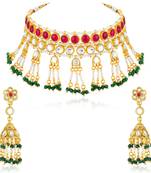 Faux ruby kundan & beads studded necklace earrings set jewelry for
