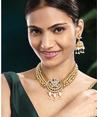 Women's white kundan & beads studded necklace jhumki earrings bharatanatyam 1