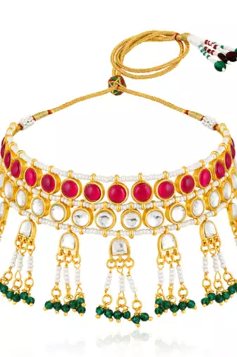 Faux ruby kundan & beads studded necklace earrings set jewelry for