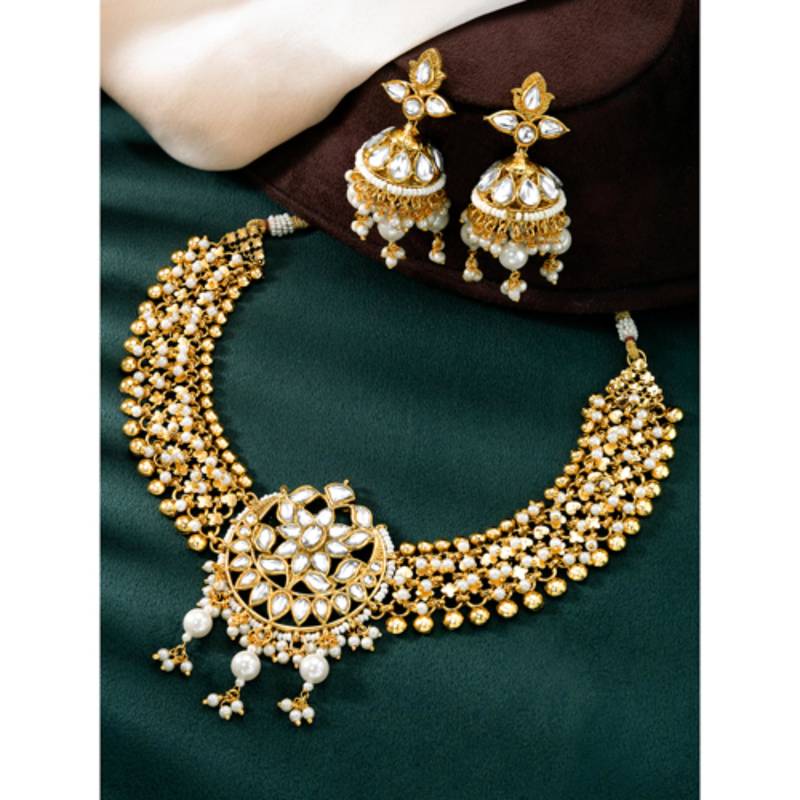 Women's white kundan & beads studded necklace jhumki earrings bharatanatyam