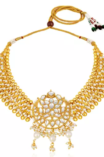 Women's white kundan & beads studded necklace jhumki earrings bharatanatyam