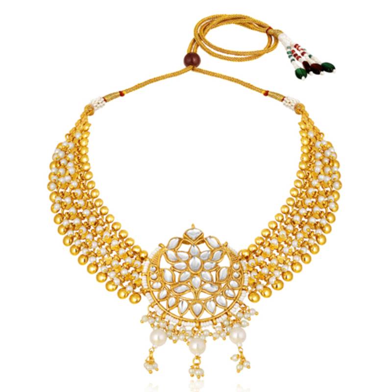 Women's white kundan & beads studded necklace jhumki earrings bharatanatyam