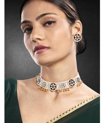 Gold plated maroon green kundan & beads studded necklace stud 1