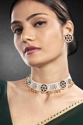 Gold plated maroon green kundan & beads studded necklace stud