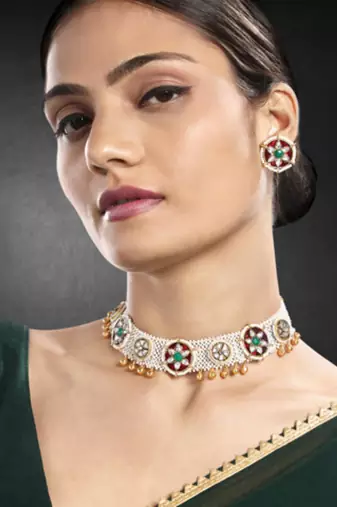 Gold plated maroon green kundan & beads studded necklace stud