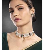 Gold plated maroon green kundan & beads studded necklace stud