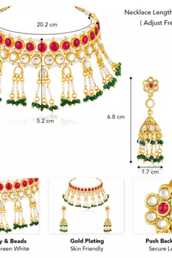 Faux ruby kundan & beads studded necklace earrings set jewelry for