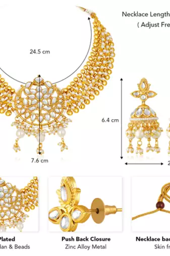 Women's white kundan & beads studded necklace jhumki earrings bharatanatyam