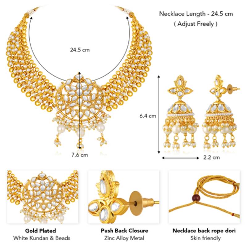 Women's white kundan & beads studded necklace jhumki earrings bharatanatyam