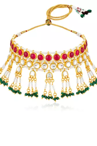 Faux ruby kundan & beads studded necklace earrings set jewelry for