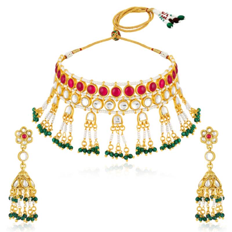 Faux ruby kundan & beads studded necklace earrings set jewelry for