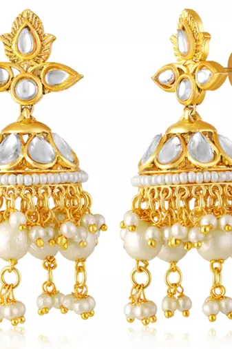 Women's white kundan & beads studded necklace jhumki earrings bharatanatyam