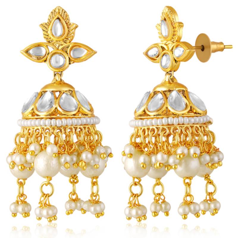 Women's white kundan & beads studded necklace jhumki earrings bharatanatyam