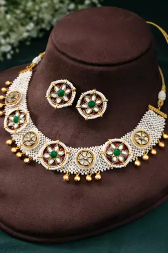 Gold plated maroon green kundan & beads studded necklace stud