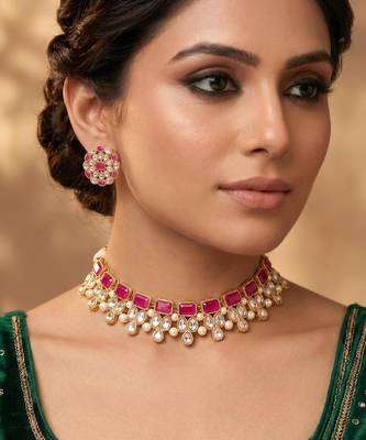 Pink faux ruby crystals studded necklace earrings set for women 1