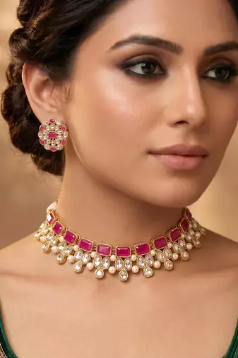 Pink faux ruby crystals studded necklace earrings set for women