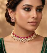 Pink faux ruby crystals studded necklace earrings set for women