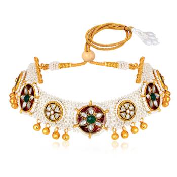 Gold plated maroon green kundan & beads studded necklace stud 3