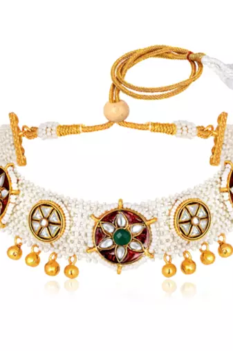 Gold plated maroon green kundan & beads studded necklace stud