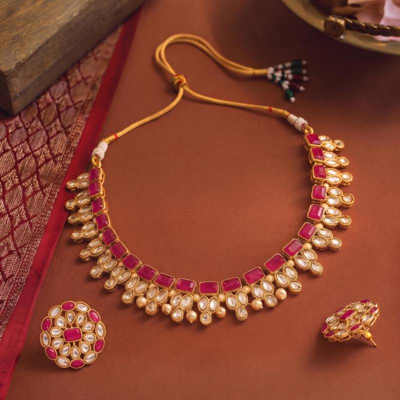 Pink faux ruby crystals studded necklace earrings set for women