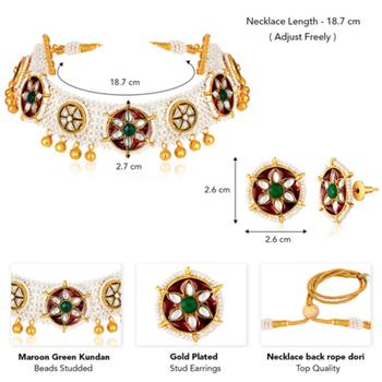 Gold plated maroon green kundan & beads studded necklace stud 4