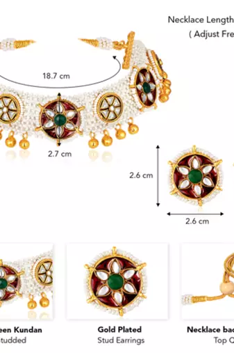 Gold plated maroon green kundan & beads studded necklace stud