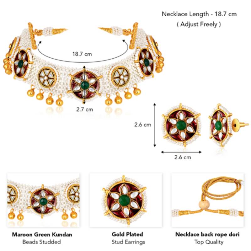 Gold plated maroon green kundan & beads studded necklace stud