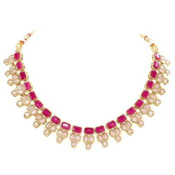 Pink faux ruby crystals studded necklace earrings set for women 3