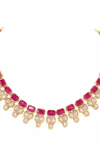 Pink faux ruby crystals studded necklace earrings set for women