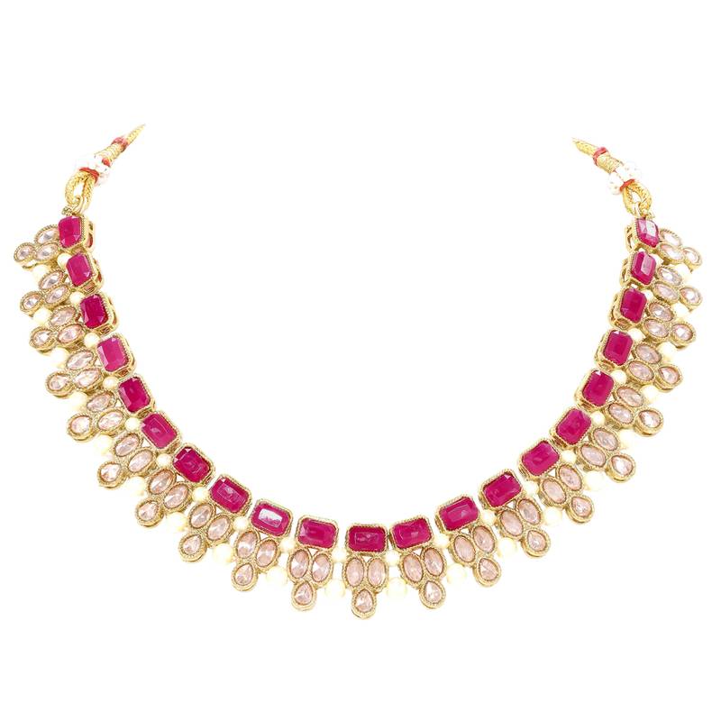 Pink faux ruby crystals studded necklace earrings set for women