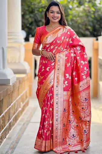 Peach woven design zari kanjeevaram saree