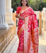 Peach woven design zari kanjeevaram saree