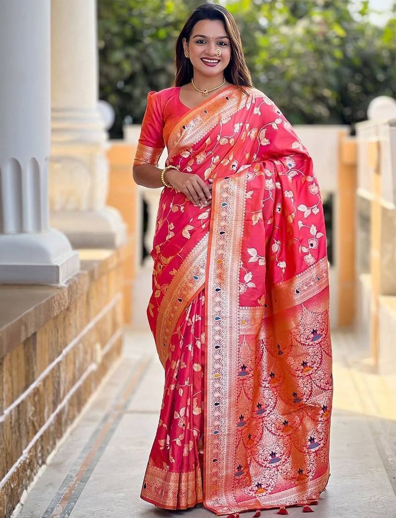 Peach woven design zari kanjeevaram saree