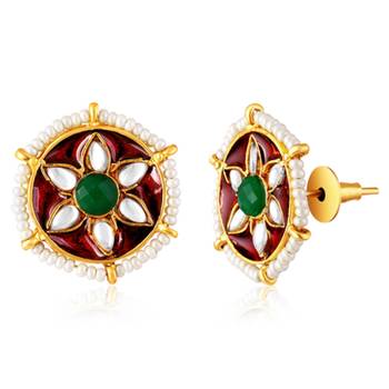 Gold plated maroon green kundan & beads studded necklace stud 5