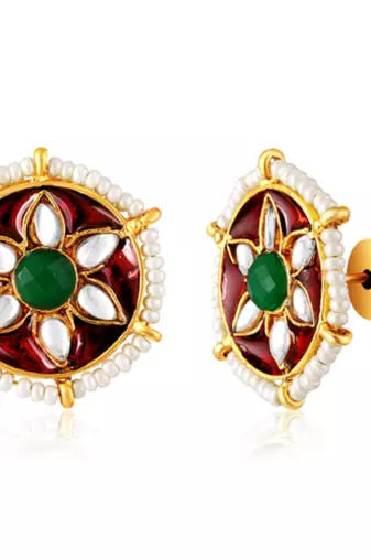 Gold plated maroon green kundan & beads studded necklace stud