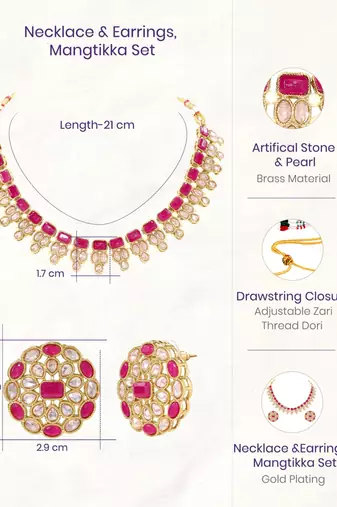 Pink faux ruby crystals studded necklace earrings set for women