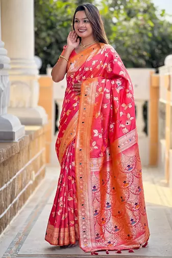 Peach woven design zari kanjeevaram saree