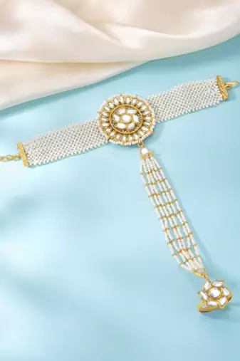 White kundan & beads studded haath panja haath phool ethnic traditional jewellery gift for women