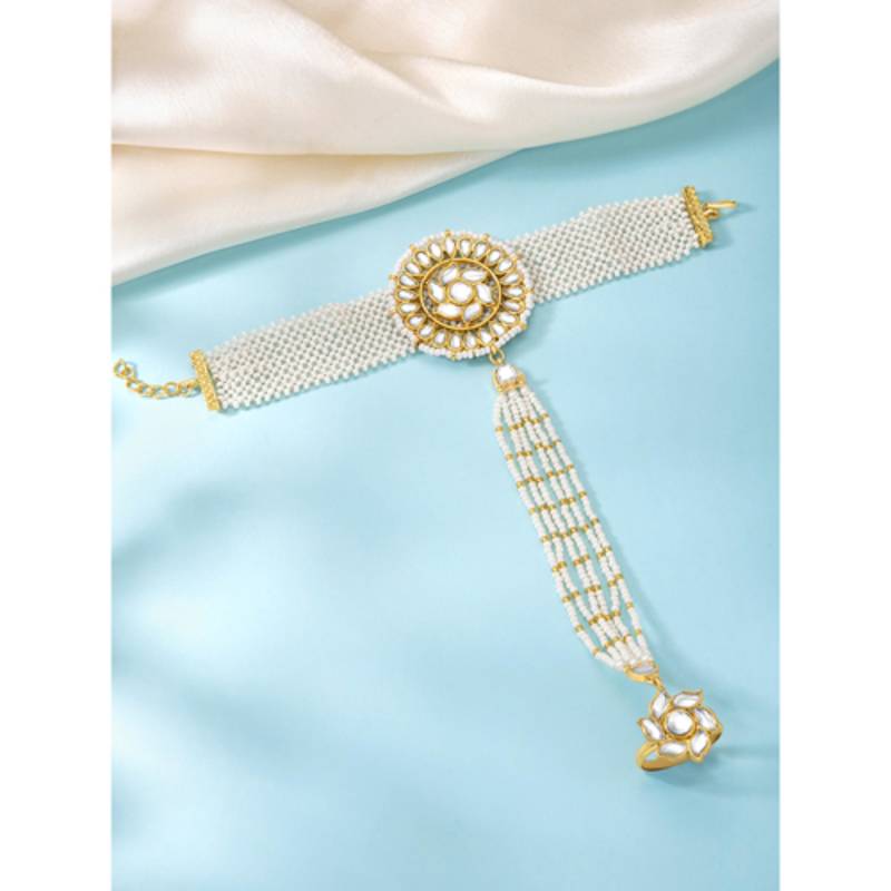 White kundan & beads studded haath panja haath phool ethnic traditional jewellery gift for women