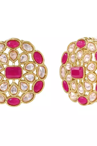 Pink faux ruby crystals studded necklace earrings set for women