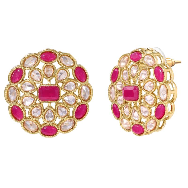 Pink faux ruby crystals studded necklace earrings set for women