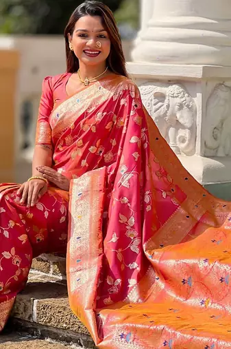Peach woven design zari kanjeevaram saree