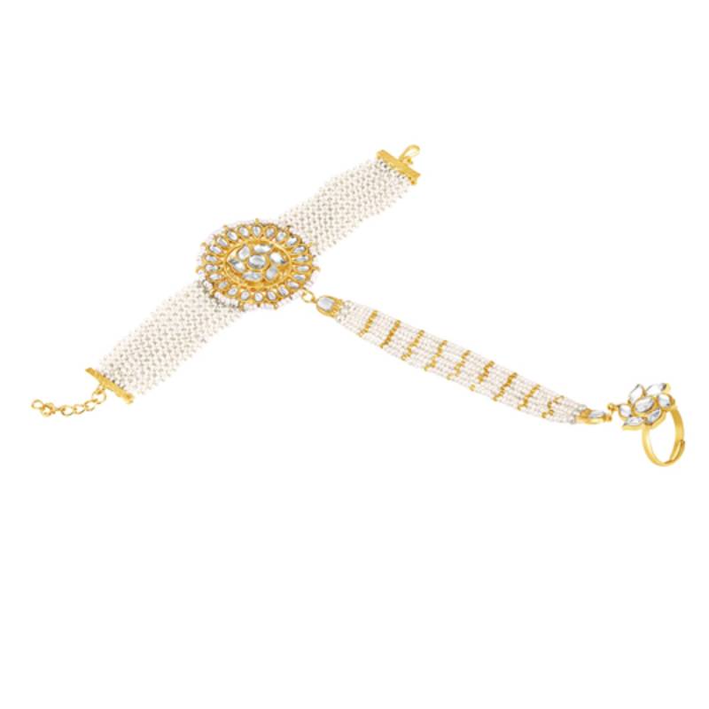 White kundan & beads studded haath panja haath phool ethnic traditional jewellery gift for women